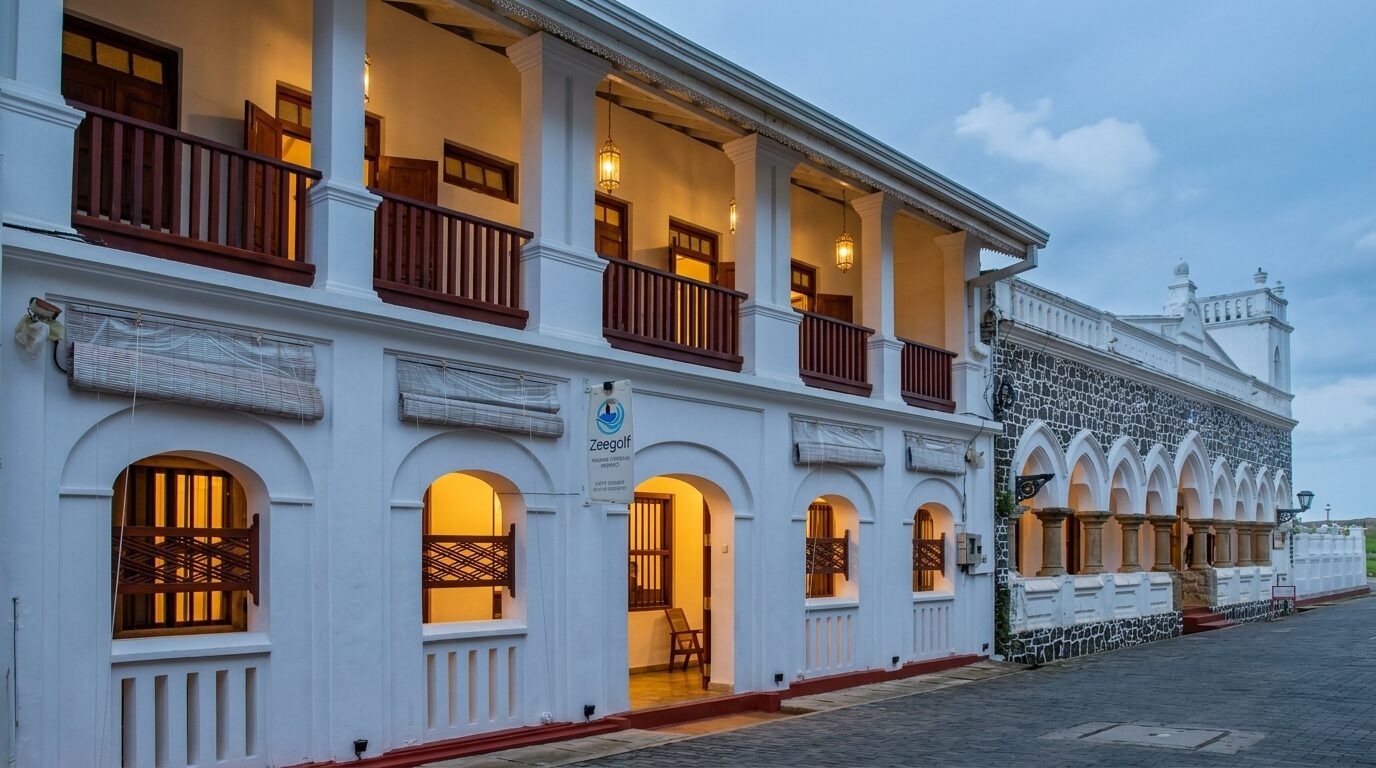 Zeegolf Hotel facade at dusk, Galle Fort